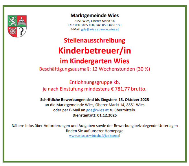 STellenausschreibung KiGa Wies